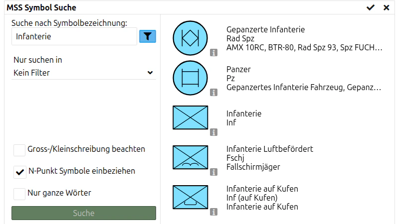 Filtereinstellungen der MSS Symbol Suche