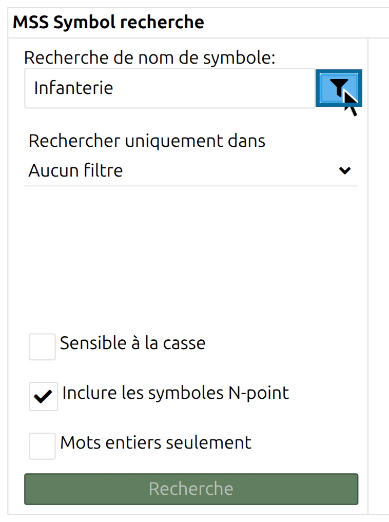 Paramètres de filtrage ouverts par le bouton filtre, avec 'Rechercher uniquement dans' et 'Inclure les symboles N-point'