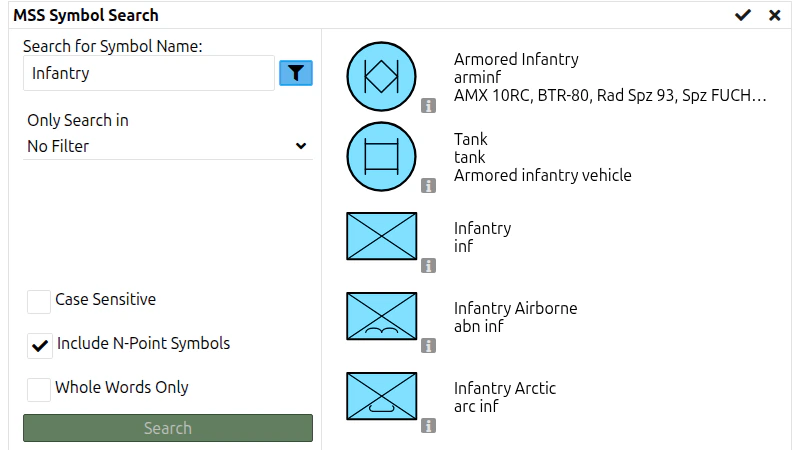 Filter settings of the MSS Symbol Search
