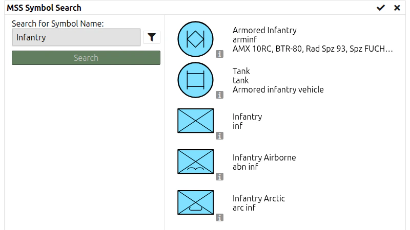 MSS Symbol Search with the results for Infantry