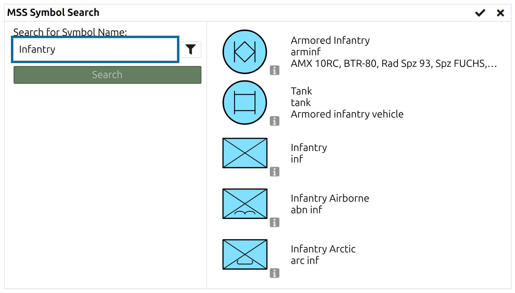 Search opened by the link ?searchText=Infantry, with 'Infantry' already in the search field and the results listed