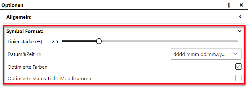 Einstellungen und Optionen für die Formatierungen im taktischen Zeichen Generator