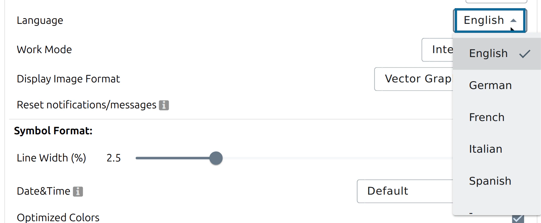 Language list opened in the Options, with the 'Language' select ringed