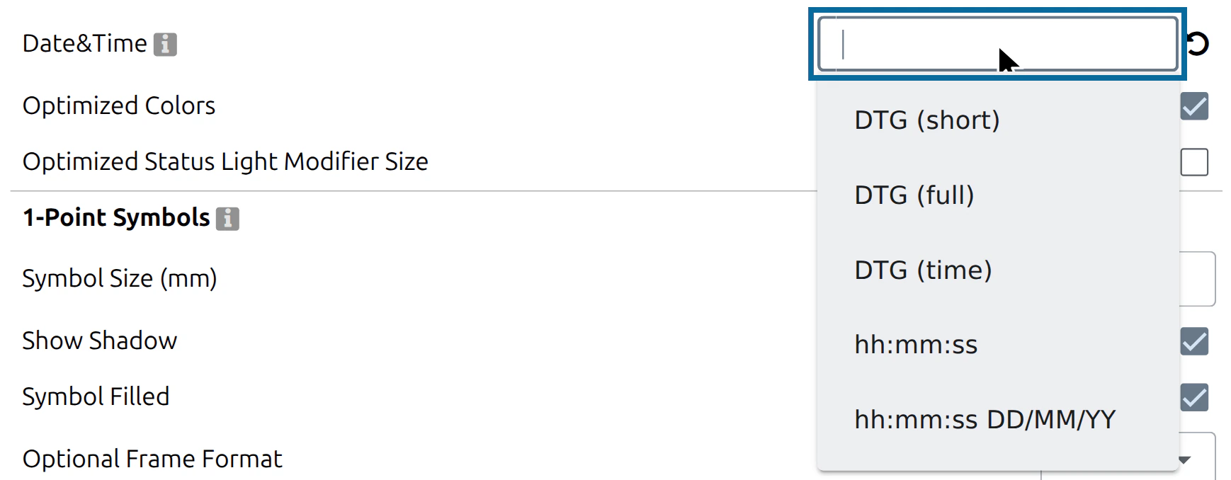 Preset list of the 'Date&Time' field in Symbol Format, offering the DTG and time formats