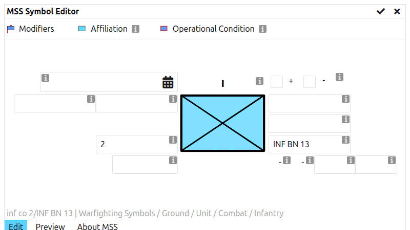 Onglet Éditer du MSS Symbol Editor avec les champs de modificateurs autour du symbole