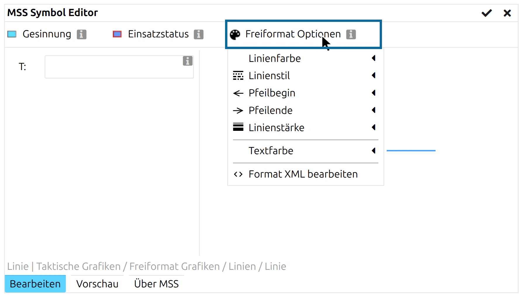 Geöffnetes Menü 'Freiformat Optionen' mit Linienfarbe, Linienstil, Pfeilen und Linienbreite