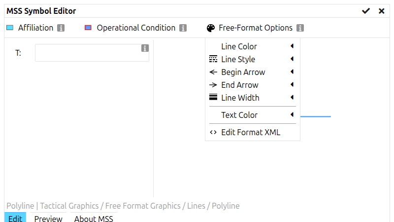 Menu des options de format libre d'une ligne en format libre dans le MSS Symbol Editor