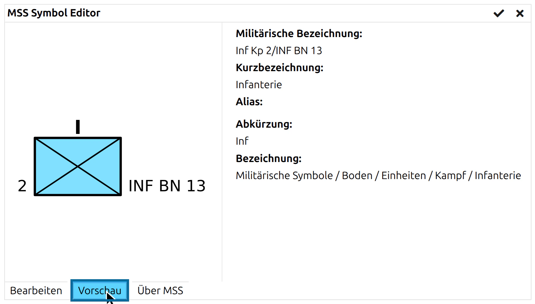 Registerkarte 'Vorschau' gewählt, mit Symbol, Militärischer Name, Kurzname und vollständigem Namen