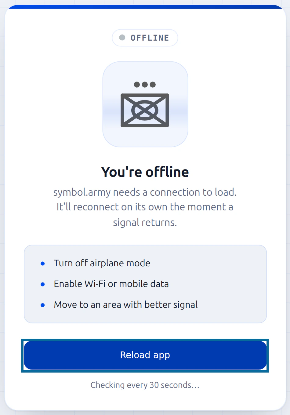 Offline-Seite 'You're offline' mit umrandeter Schaltfläche 'Reload app'