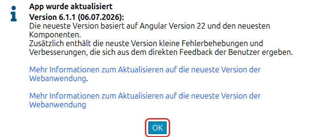 Meldung App wurde aktualisiert mit den Release Notes und der Schaltfläche OK
