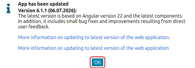 Message « App has been updated » avec les notes de version et le bouton OK